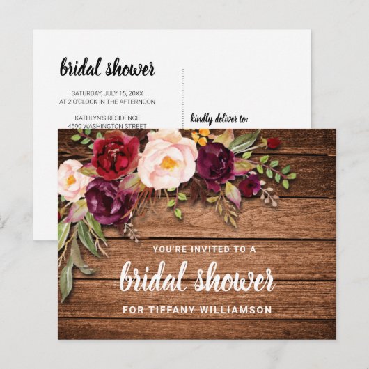 Rustic Burgundy Floral Wood Vrijgezellenfeest Uitnodiging Briefkaart (Voorkant / Achterkant)