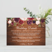 Rustic Burgundy Floral Wood Wedding Details Kaart (Staand voorkant)