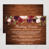 Rustic Burgundy Floral Wood Wedding Details Kaart (Voorkant / Achterkant)
