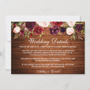 Rustic Burgundy Floral Wood Wedding Details Kaart