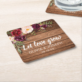 Rustic Burgundy Floral Wood Wedding Favor Kartonnen Onderzetters