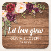 Rustic Burgundy Floral Wood Wedding Favor Kartonnen Onderzetters (Voorkant)