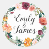 Rustic Burgundy Floral Wreath Wedding Monogram Ronde Sticker (Voorkant)
