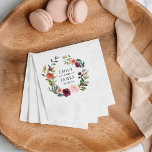 Rustic Burgundy Floral Wreath Wedding Monogram Servet<br><div class="desc">Het huwelijk is voorzien van een monogram van de bruid- en bruinnamen die gepersonaliseerd kunnen worden, omgeven door een prachtige rustige laag van de waterverf van de zomer en de herfst, inclusief rozen, dahlias, pony-bloemen en groen, in een prachtig herfstpalet van wogunde rood, gouden geel, perzik sinaasappel, wazige roze en...</div>