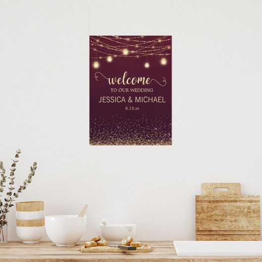 Rustic Burgundy Gold Glitter String Lights Wedding Poster (Keuken)