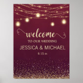 Rustic Burgundy Gold Glitter String Lights Wedding Poster (Voorkant)