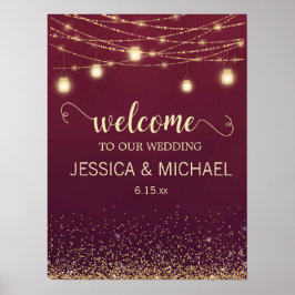 Rustic Burgundy Gold Glitter String Lights Wedding Poster