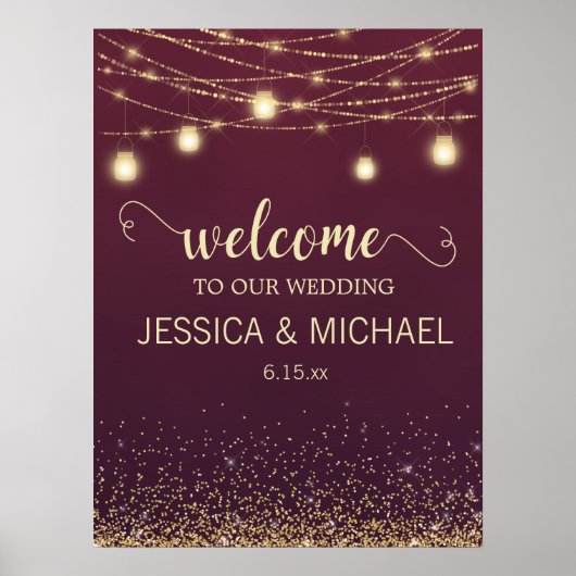 Rustic Burgundy Gold Glitter String Lights Wedding Poster (Voorkant)