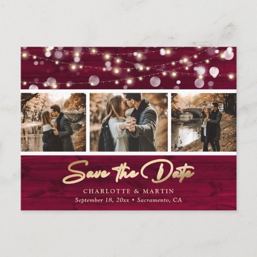 Rustic Burgundy Gold Wedding Photo Save the Date Aankondigingskaart (Voorkant)
