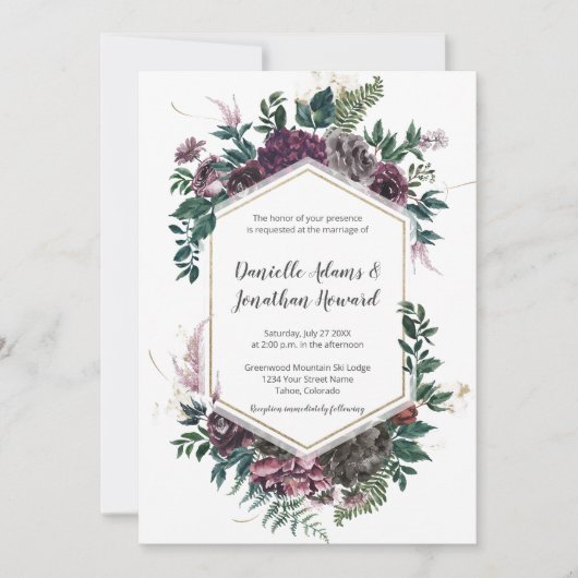 Rustic Burgundy Gray Geometric Floral Wedding Kaart (Voorkant)