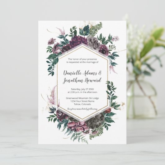 Rustic Burgundy Gray Geometric Floral Wedding Kaart (Staand voorkant)