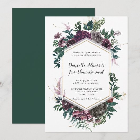 Rustic Burgundy Gray Geometric Floral Wedding Kaart (Voorkant / Achterkant)