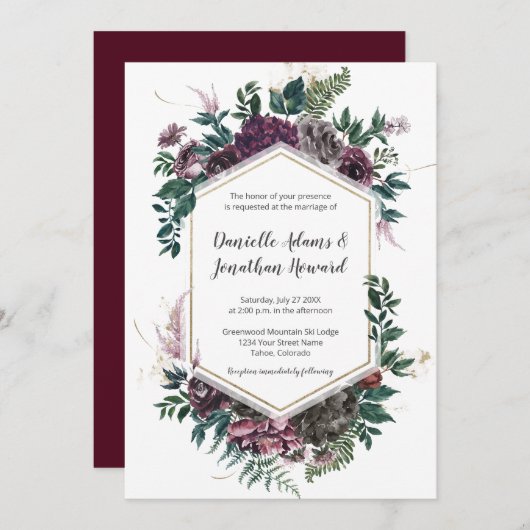 Rustic Burgundy Gray Geometric Floral Wedding Kaart (Voorkant / Achterkant)