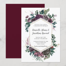 Rustic Burgundy Gray Geometric Floral Wedding Kaart