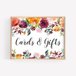 Rustic Burgundy Herfst Floral Wedding Cards Gifts Poster<br><div class="desc">Stijlvol trouwbord voor poster om op de kaartjes en cadeautabel weer te geven. Het ontwerp is voorzien van een rooskleurig lijst voor de waterverf van de zomer en de herfst van mooie rozen, dahlia's, pony's en groen, in een prachtig herfstpalet van wogoerrood, goudgeel, perzikachtig sinaasappel, wazige roze en groene tinten....</div>