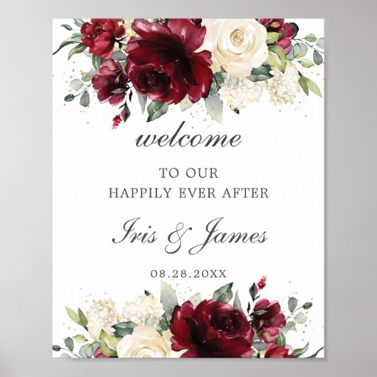 Rustic Burgundy Ivory Floral Wedding Welcome Sign Poster (Voorkant)