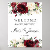 Rustic Burgundy Ivory Floral Wedding Welcome Sign Poster (Voorkant)