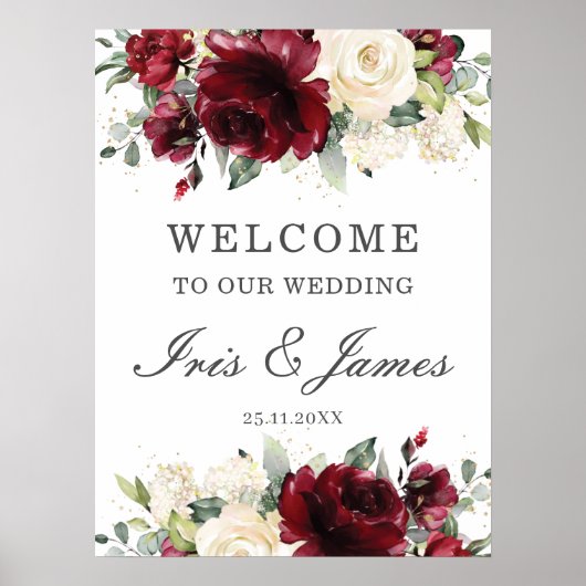 Rustic Burgundy Ivory Floral Wedding Welcome Sign Poster (Voorkant)