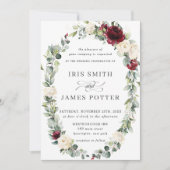 Rustic Burgundy Ivory Floral Wreath Leafy Wedding Kaart (Voorkant)