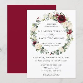 Rustic Burgundy Ivory White Floral Wreath Wedding Kaart