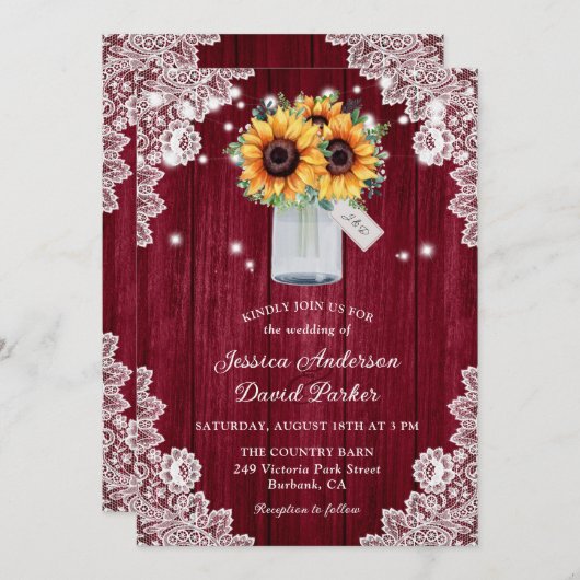 Rustic Burgundy Lace Mason Jar Sunflower Wedding Kaart (Voorkant / Achterkant)