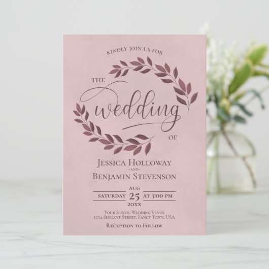 Rustic Burgundy Leaves Elegant Dusty Roos Wedding Kaart (Staand voorkant)