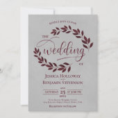 Rustic Burgundy Leaves Elegant Gray Wedding Kaart (Voorkant)