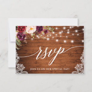 Rustic Burgundy Lights Lace Calligraphy Wedding RSVP Kaartje