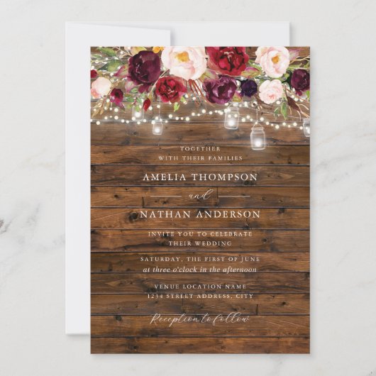 Rustic Burgundy Lights Wedding Kaart (Voorkant)