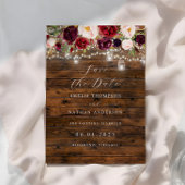 Rustic Burgundy Lights Wedding Save The Date Kaart