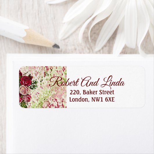 Rustic Burgundy Maroon Rozen Floral Art Address Etiket (Insitu)