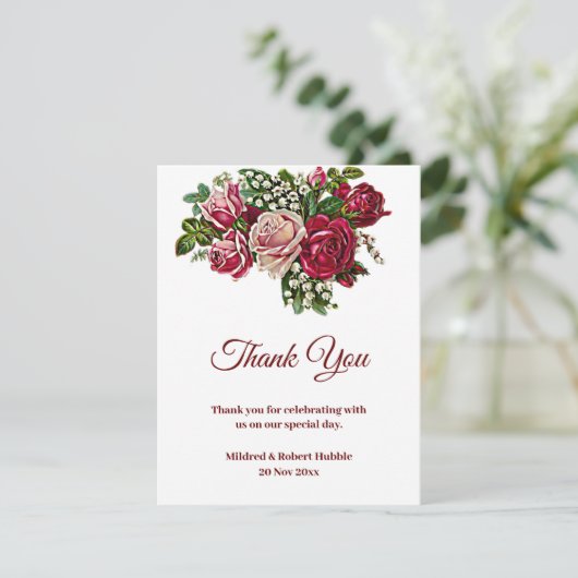 Rustic Burgundy Maroon Rozen Wedding Bedankkaart (Staand voorkant)