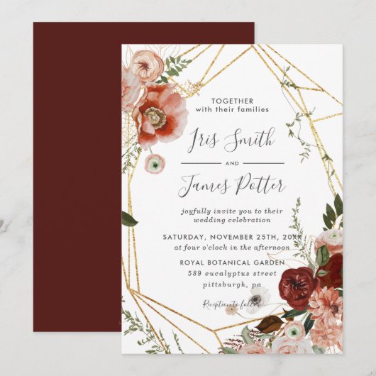 Rustic Burgundy Marsala Blush Floral Wedding Kaart (Voorkant / Achterkant)
