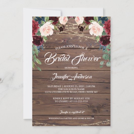 Rustic Burgundy Marsala Bridal Shower Kaart (Voorkant)