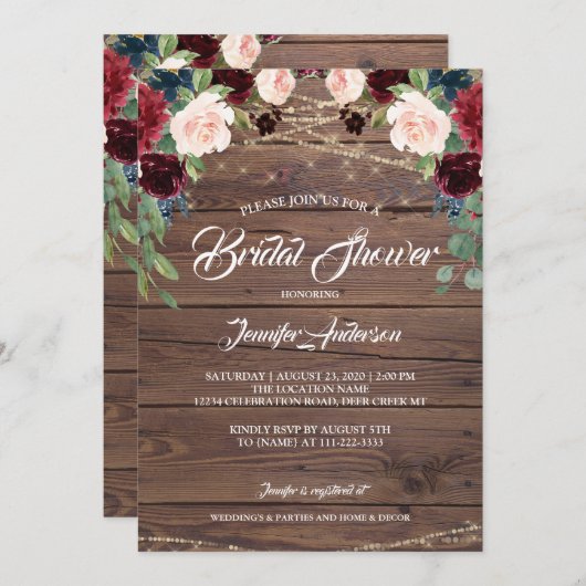 Rustic Burgundy Marsala Bridal Shower Kaart (Voorkant / Achterkant)