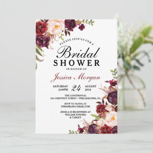 Rustic Burgundy Marsala Bridal Shower Kaart (Staand voorkant)