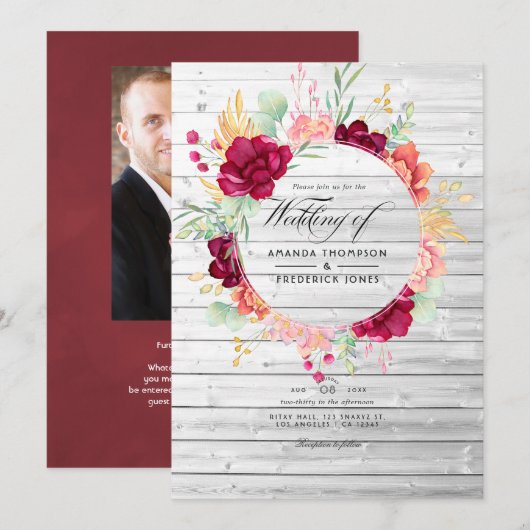 Rustic Burgundy - Marsala en Blush Floral Wedding Kaart (Voorkant / Achterkant)