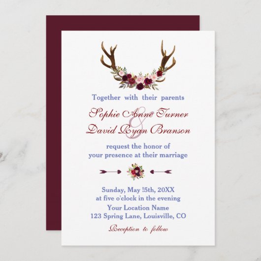Rustic Burgundy Marsala Floral Antlers bruiloft Kaart (Voorkant / Achterkant)