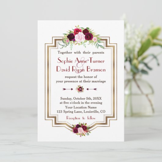 Rustic Burgundy Marsala Floral Gold Fall Wedding Kaart (Staand voorkant)
