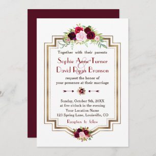 Rustic Burgundy Marsala Floral Gold Fall Wedding Kaart