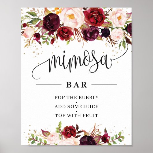 Rustic burgundy marsala floral mimosa bar poster (Voorkant)