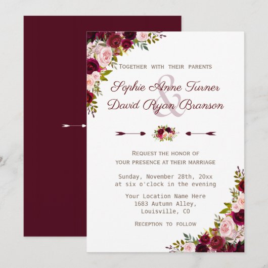 Rustic Burgundy Marsala Floral Wedding Kaart (Voorkant / Achterkant)