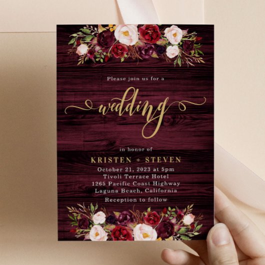 Rustic Burgundy Marsala Floral Wedding Kaart