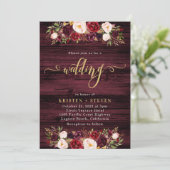 Rustic Burgundy Marsala Floral Wedding Kaart (Staand voorkant)
