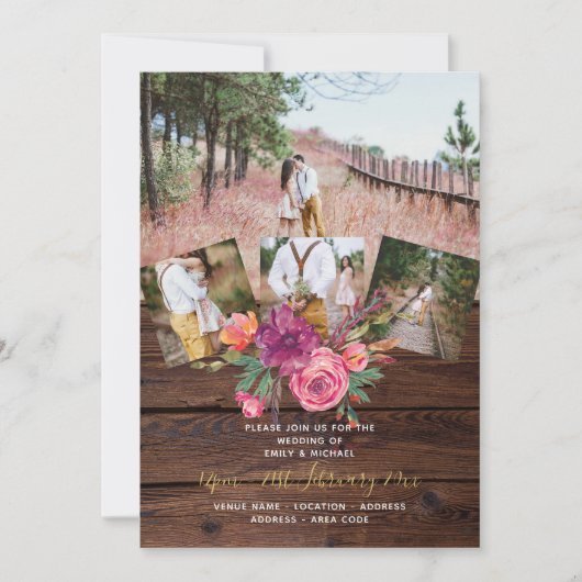 Rustic Burgundy Marsala PHOTO COLLAGE WEDDING Kaart (Voorkant)