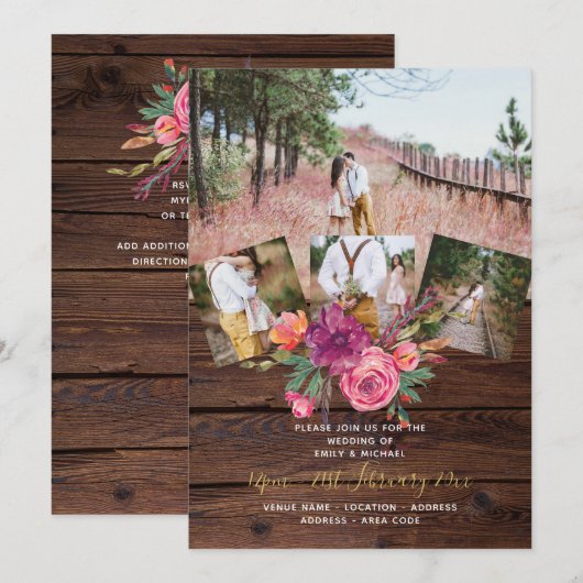 Rustic Burgundy Marsala PHOTO COLLAGE WEDDING Kaart (Voorkant / Achterkant)