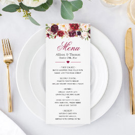 Rustic Burgundy Marsala Red Floral Wedding Menu