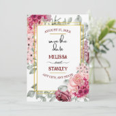 Rustic Burgundy Marsala Roze Bloemige Save the Dat Kaart (Staand voorkant)