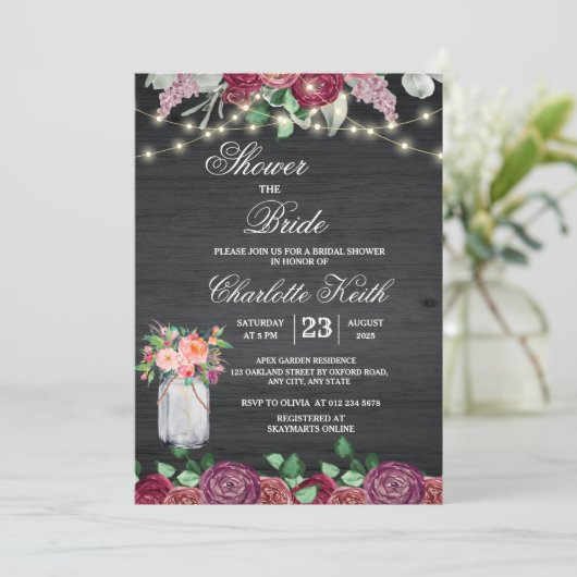 Rustic Burgundy Mason Jar Lights Vrijgezellenfeest Kaart (Staand voorkant)