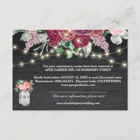 Rustic Burgundy Mason Jar Lights Wedding Details Informatiekaartje (Voorkant)